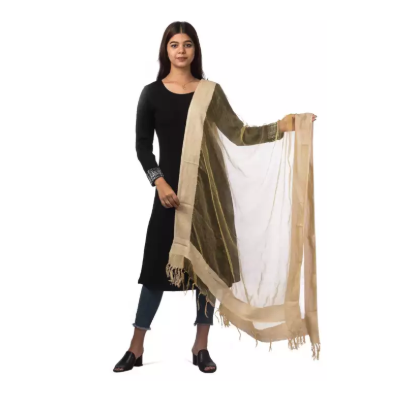 Beige Self-Checkered Silk Cotton Blend Dupatta For Women-0136
